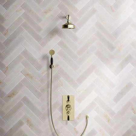 Linton Dual Outlet Concealed Shower with Handshower Hook, 300mm Wall Arm, 6" Rose & Black Levers in Timeless Brass