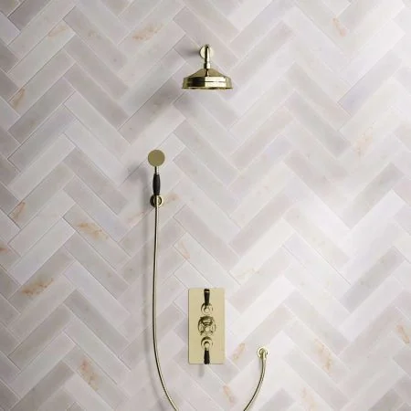 Linton Dual Outlet Shower Kit - Concealed Valve - 8 inch Rose - Black Ceramic Lever - Handshower Hook - Timeless Brass
