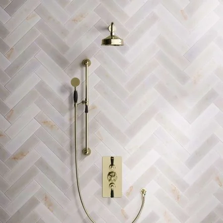 Linton Dual Outlet Shower Kit - Concealed Valve - 6 inch Rose - 500mm Shower Arm - Black Ceramic Lever - Handshower Slider-Rail - Timeless Brass