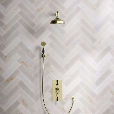 Linton Dual Outlet Shower Kit - Concealed Valve - 8 inch Rose - 500mm Shower Arm - Black Ceramic Lever - Handshower Hook - Timeless Brass