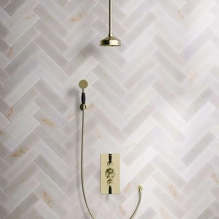 Linton Dual Outlet Shower Kit - Concealed Valve - 6 inch Rose - Black Ceramic Lever - Handshower Hook - Ceiling Mounted Rose - Timeless Brass