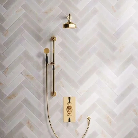 Linton Dual Outlet Shower Kit - Concealed Valve - 6 inch Rose - Black Ceramic Lever - Handshower Slider-Rail - Living Brass