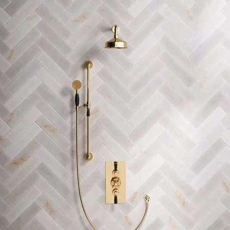 Linton Dual Outlet Shower Kit - Concealed Valve - 6 inch Rose - Black Ceramic Lever - Handshower Slider-Rail - Living Brass