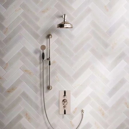 Linton Dual Outlet Concealed Shower with Slider Rail, 300mm Wall Arm, 8" Rose & Black Lever in Shower with Polished Nickel