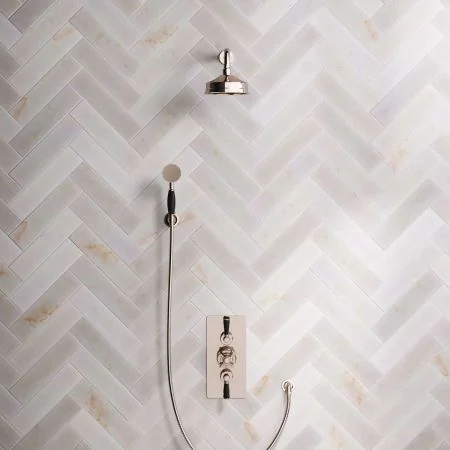 Linton Dual Outlet Concealed Shower with Handshower Hook, 300mm Wall Arm, 6" Rose & Black Levers in Polished Nickel