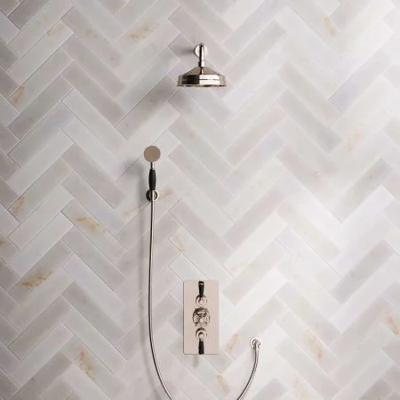 Linton Dual Outlet Concealed Shower with Handshower Hook, 500mm Wall Arm, 6" Rose & Black Levers in Polished Nickel