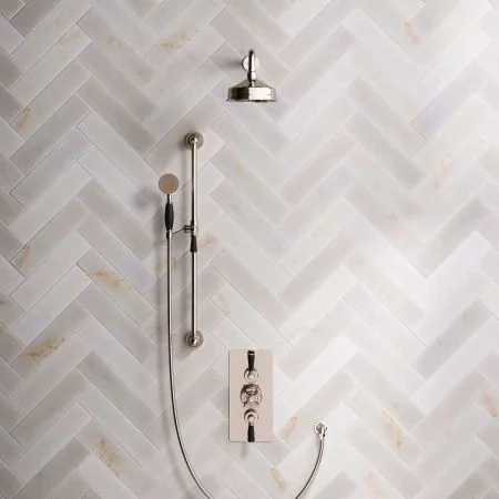 Linton Dual Outlet Concealed Shower with Slider Rail, 500mm Wall Arm, 6" Rose & Black Lever in Polished Nickel