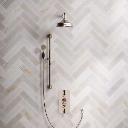 Linton Dual Outlet Concealed Shower with Slider Rail, 500mm Wall Arm, 8" Rose & Black Lever in Polished Nickel
