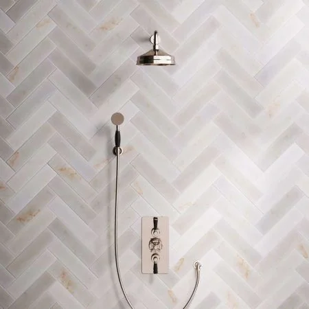 Linton Dual Outlet Concealed Shower with Handshower Hook, 300mm Wall Arm, 8" Rose & Black Levers in Polished Nickel
