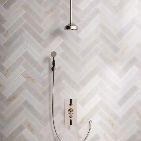 Linton Dual Outlet Concealed Shower with Handshower Hook, 210mm Ceiling Arm, 6" Rose & Black Levers in Polished Nickel