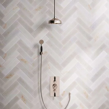 Linton Dual Outlet Concealed Shower with Handshower Hook, 210mm Ceiling Arm, 8" Rose & Black Levers in Polished Nickel