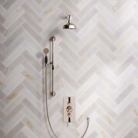 Linton Dual Outlet Concealed Shower with Slider Rail, 300mm Wall Arm, 6" Rose & Black Lever in Polished Nickel