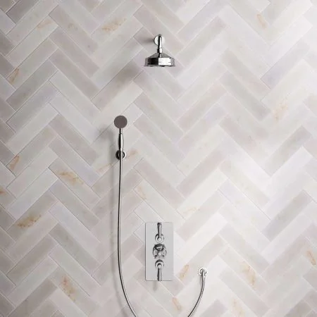 Linton Dual Outlet Concealed Shower with Handshower Hook, 500mm Wall Arm, 6" Rose & Metal Levers in Chrome