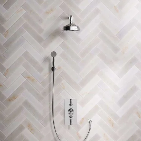 Linton Dual Outlet Concealed Shower with Handshower Hook, 300mm Wall Arm, 8" Rose & Metal Levers in Chrome