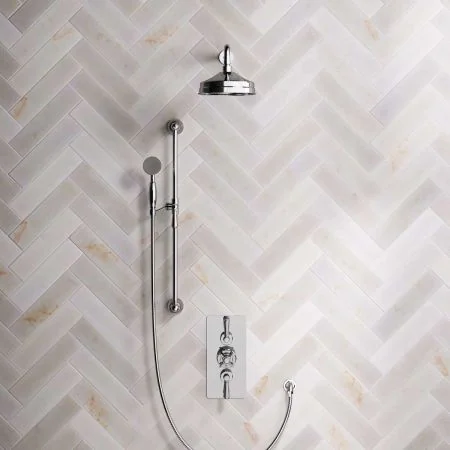 Linton Dual Outlet Concealed Shower with Slider Rail, 500mm Wall Arm, 8" Rose & Metal Levers in Chrome