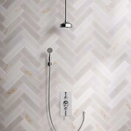 Linton Dual Outlet Concealed Shower with Handshower Hook, 210mm Ceiling Arm, 6" Rose & Metal Levers in Chrome