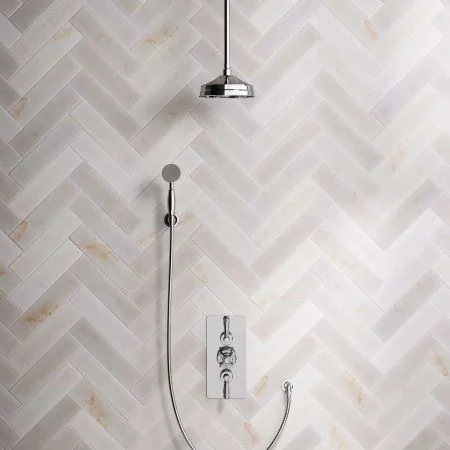 Linton Dual Outlet Concealed Shower with Handshower Hook, 210mm Ceiling Arm, 8" Rose & Metal Levers in Chrome