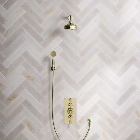 Linton Dual Outlet Shower Kit - Concealed Valve - 6 inch Rose - 500mm Shower Arm - Metal Lever - Handshower Hook - Timeless Brass