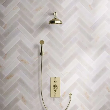 Linton Dual Outlet Shower Kit - Concealed Valve - 8 inch Rose - Metal Lever - Handshower Hook - Timeless Brass