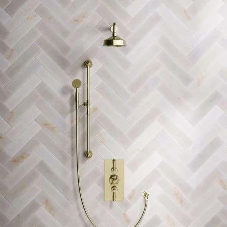 Linton Dual Outlet Shower Kit - Concealed Valve - 6 inch Rose - 500mm Shower Arm - Metal Lever - Handshower Slider-Rail - Timeless Brass