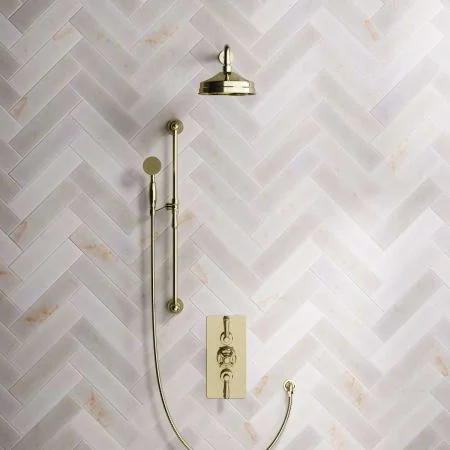 Linton Dual Outlet Shower Kit - Concealed Valve - 8 inch Rose - 500mm Shower Arm - Metal Lever - Handshower Slider-Rail - Timeless Brass