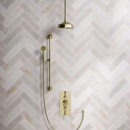 Linton Dual Outlet Shower Kit - Concealed Valve - 8 inch Rose - Metal Lever - Handshower Slider-Rail - Ceiling Mounted Rose - Timeless Brass