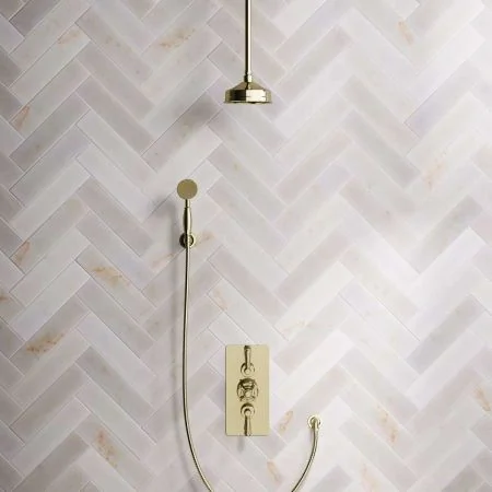 Linton Dual Outlet Shower Kit - Concealed Valve - 6 inch Rose - Metal Lever - Handshower Hook - Ceiling Mounted Rose - Timeless Brass
