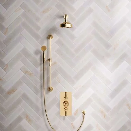 Linton Dual Outlet Shower Kit - Concealed Valve - 6 inch Rose - Metal Lever - Handshower Slider-Rail - Living Brass