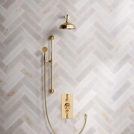 Linton Dual Outlet Shower Kit - Concealed Valve - 8 inch Rose - Metal Lever - Handshower Slider-Rail - Living Brass