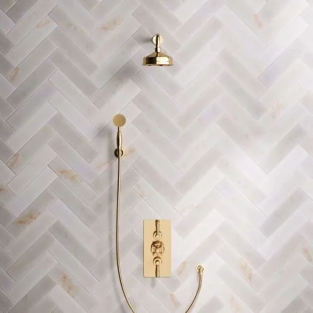 Linton Dual Outlet Shower Kit - Concealed Valve - 6 inch Rose - 500mm Shower Arm - Metal Lever - Handshower Hook - Living Brass