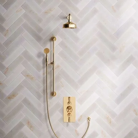 Linton Dual Outlet Shower Kit - Concealed Valve - 6 inch Rose - 500mm Shower Arm - Metal Lever - Handshower Slider-Rail - Living Brass