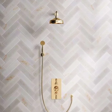 Linton Dual Outlet Shower Kit - Concealed Valve - 8 inch Rose - 500mm Shower Arm - Metal Lever - Handshower Hook - Living Brass