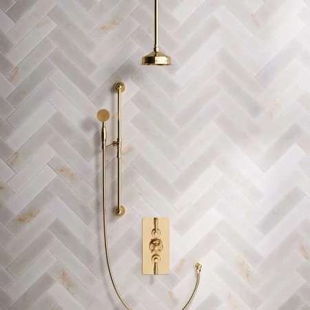 Linton Dual Outlet Shower Kit - Concealed Valve - 6 inch Rose - Metal Lever - Handshower Slider-Rail - Ceiling Mounted Rose - Living Brass