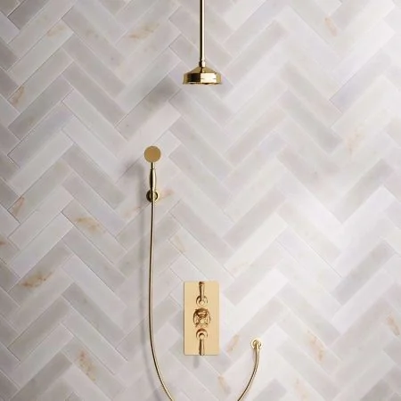 Linton Dual Outlet Shower Kit - Concealed Valve - 6 inch Rose - Metal Lever - Handshower Hook - Ceiling Mounted Rose - Living Brass
