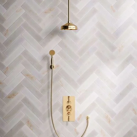 Linton Dual Outlet Shower Kit - Concealed Valve - 8 inch Rose - Metal Lever - Handshower Hook - Ceiling Mounted Rose - Living Brass