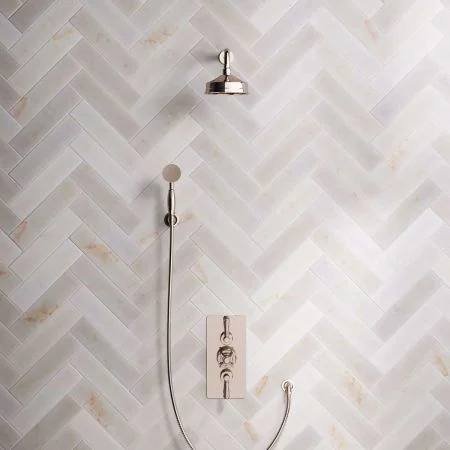 Linton Dual Outlet Concealed Shower with Handshower Hook, 500mm Wall Arm, 6" Rose & Metal Levers in Polished Nickel
