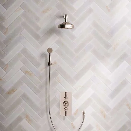Linton Dual Outlet Concealed Shower with Handshower Hook, 300mm Wall Arm, 8" Rose & Metal Levers in Polished Nickel