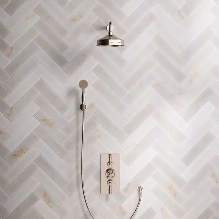 Linton Dual Outlet Concealed Shower with Handshower Hook, 500mm Wall Arm, 8" Rose & Metal Levers in Polished Nickel