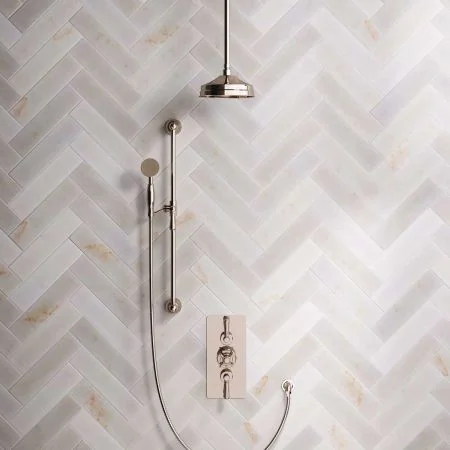 Linton Dual Outlet Concealed Shower with Slider Rail, 210mm Ceiling Arm, 8" Rose & Metal Levers in Polished Nickel
