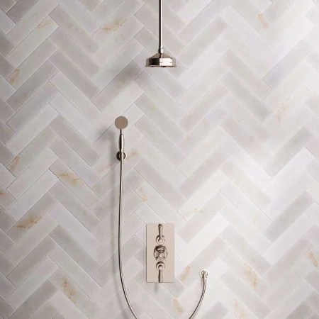 Linton Dual Outlet Concealed Shower with Handshower Hook, 210mm Ceiling Arm, 6" Rose & Metal Levers in Polished Nickel