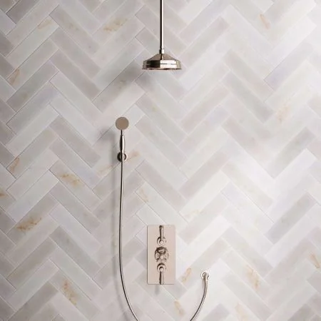 Linton Dual Outlet Concealed Shower with Handshower Hook, 210mm Ceiling Arm, 8" Rose & Metal Levers in Polished Nickel