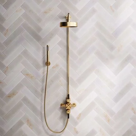 Bayor Dual Outlet Exposed Shower with Handshower Hook, 8" Rose & Black Levers in Brushed Brass
