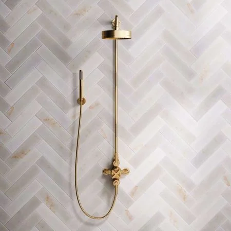 Bayor Dual Outlet Exposed Shower with Handshower Hook, 8" Rose & Metal Levers in Brushed Brass