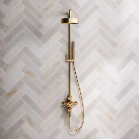 Bayor Dual Outlet Exposed Shower with Riser Mounted Handshower, 8" Rose & Metal Levers in Brushed Brass