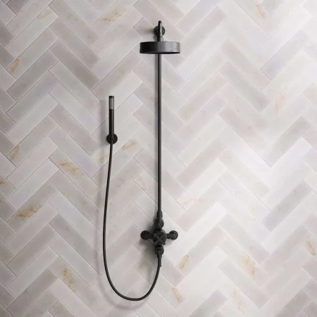 Bayor Dual Outlet Exposed Shower with Handshower Hook, 8" Rose & Metal Levers in Matt Black