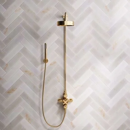 Bayor Dual Outlet Exposed Shower with Handshower Hook, 8" Rose & Metal Levers in Living Brass