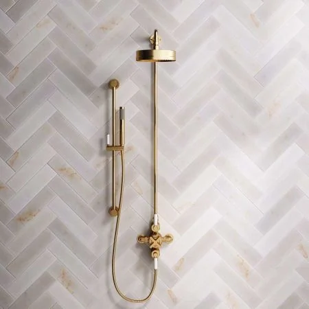 Bayor Dual Outlet Exposed Shower with Slider Rail, 8" Rose & White Levers in Brushed Brass