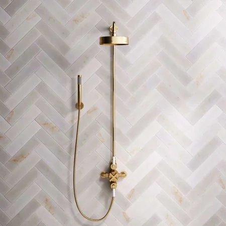 Bayor Dual Outlet Exposed Shower with Handshower Hook, 8" Rose & White Levers in Brushed Brass