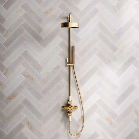 Bayor Dual Outlet Exposed Shower with Riser Mounted Handshower, 8" Rose & White Levers in Brushed Brass