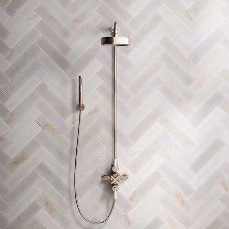 Bayor Dual Outlet Exposed Shower with Handshower Hook, 8" Rose & White Levers in Brushed Nickel